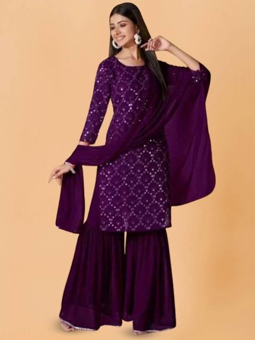 PARROT CREATION Geometric Embroidered Georgette Straight Kurta With Sharara & Dupatta, Purple
PARROT CREATION Geometric Embroidered Georgette Straight Kurta With Sharara & Dupatta, Purple
