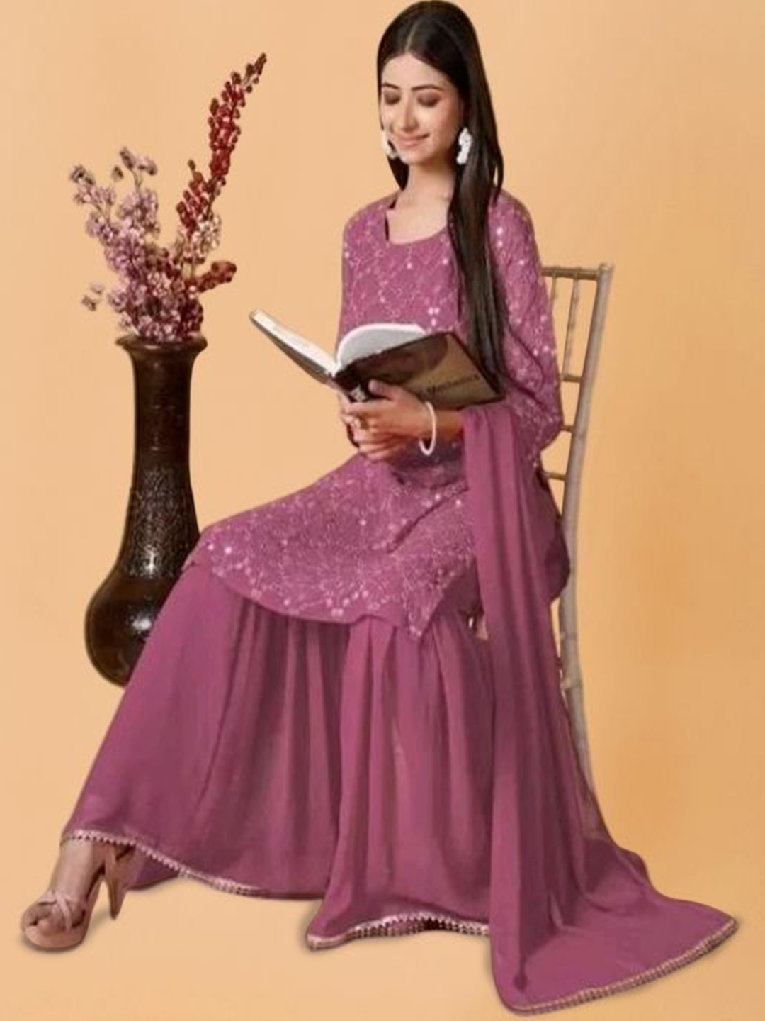PARROT CREATION Geometric Embroidered Thread Work Kurta With Sharara And Dupatta, Lavender
PARROT CREATION Geometric Embroidered Thread Work Kurta With Sharara And Dupatta, Lavender