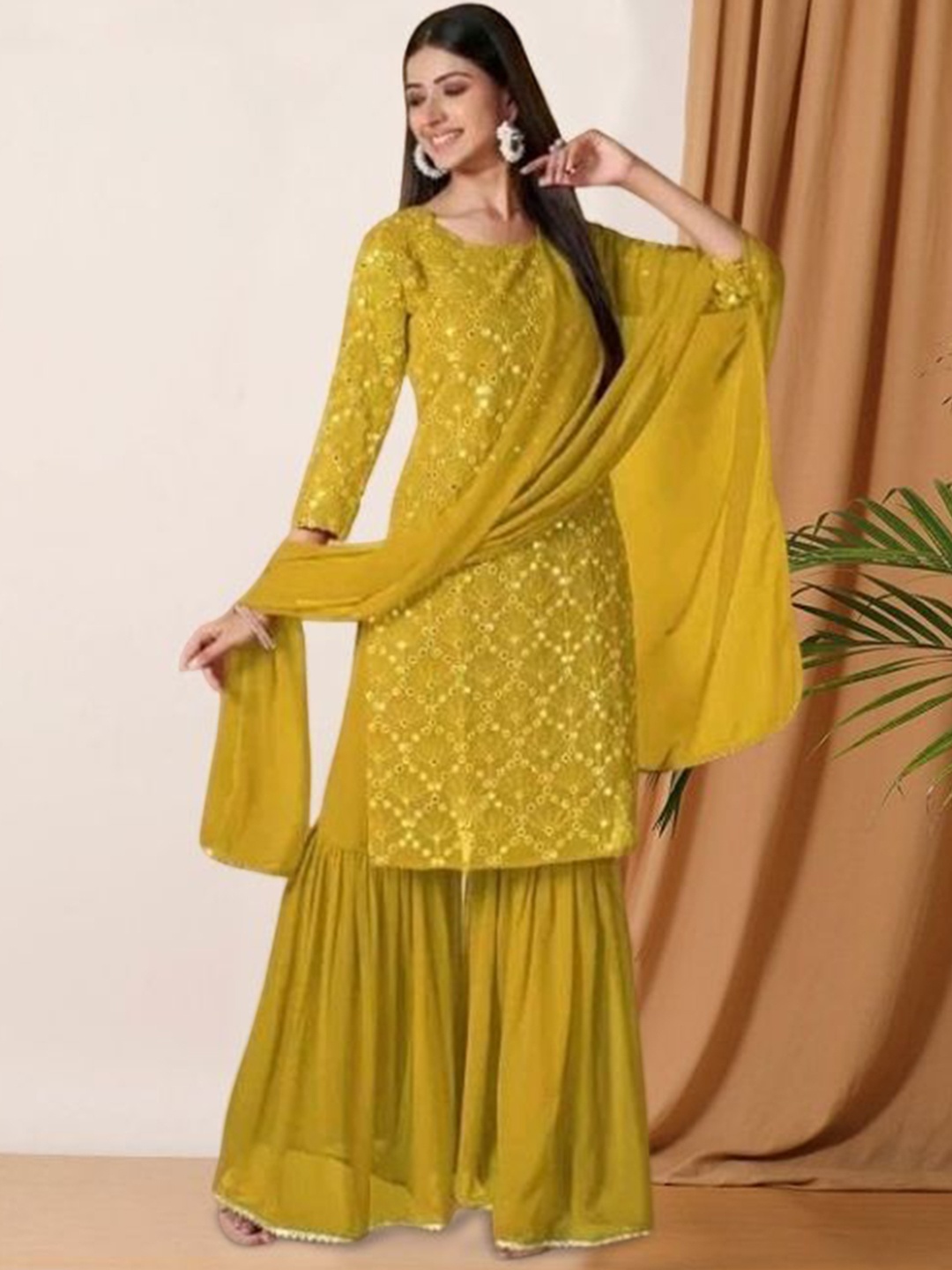 PARROT CREATION Geometric Embroidered Georgette Straight Kurta With Sharara & Dupatta, Yellow
PARROT CREATION Geometric Embroidered Georgette Straight Kurta With Sharara & Dupatta, Yellow