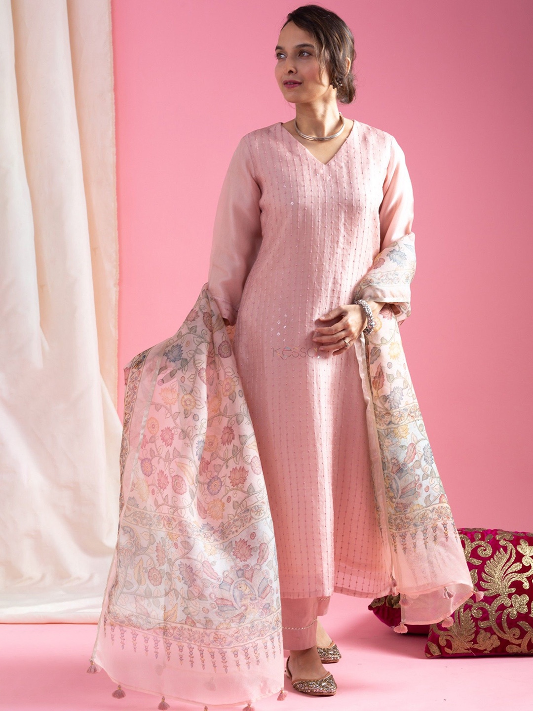 KOTRONS Embroidered Sequinned V Neck Chanderi Silk Kurta With Trousers & Dupatta, Pink
KOTRONS Embroidered Sequinned V Neck Chanderi Silk Kurta With Trousers & Dupatta, Pink