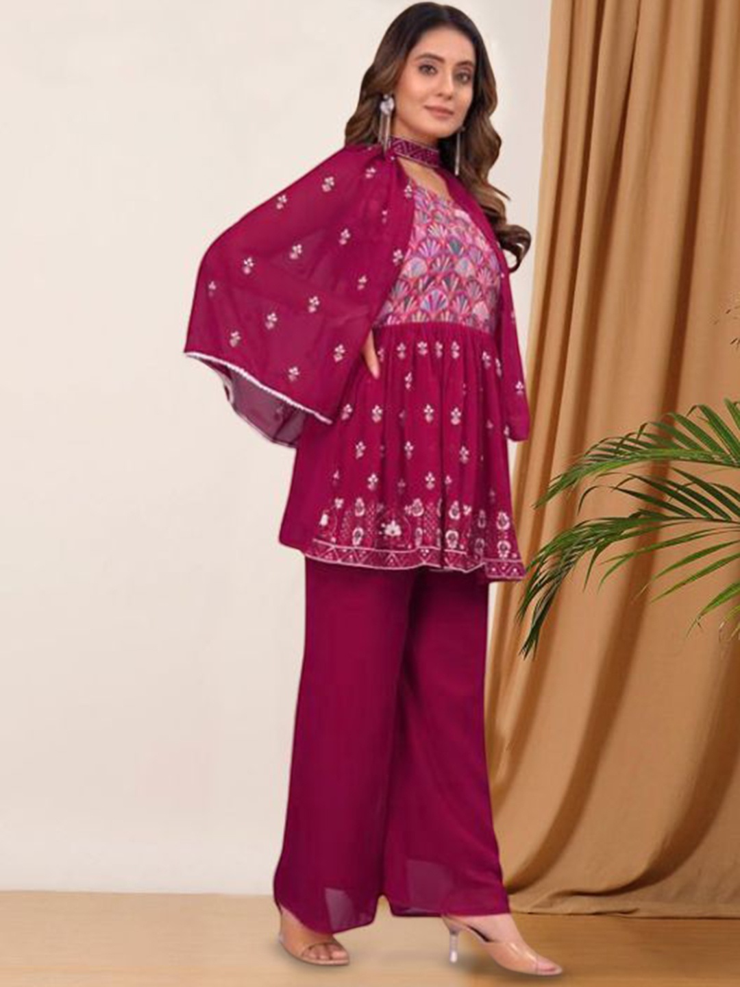 PARROT CREATION Floral Embroidered Georgette V-Neck Kurti With Palazzos & Jacket, Pink
PARROT CREATION Floral Embroidered Georgette V-Neck Kurti With Palazzos & Jacket, Pink
