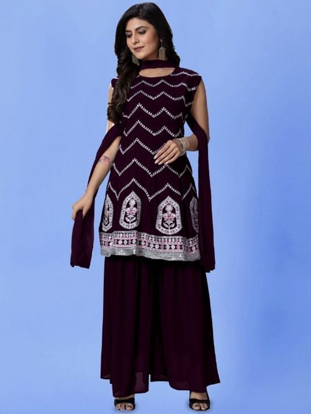 PARROT CREATION Chevron Embroidered Georgette A-Line Kurti With Palazzo And Dupatta, Burgundy
PARROT CREATION Chevron Embroidered Georgette A-Line Kurti With Palazzo And Dupatta, Burgundy