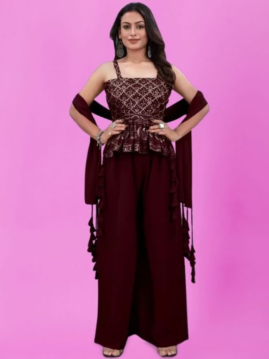 PARROT CREATION Floral Embroidered Georgette Shoulder Straps Kurti With Palazzos & Dupatta, Maroon
PARROT CREATION Floral Embroidered Georgette Shoulder Straps Kurti With Palazzos & Dupatta, Maroon