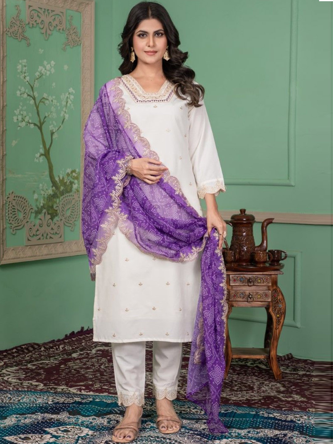 PERVAS Floral Embroidered Thread Work Cotton Blend Kurta With Trousers And Dupatta, White
PERVAS Floral Embroidered Thread Work Cotton Blend Kurta With Trousers And Dupatta, White