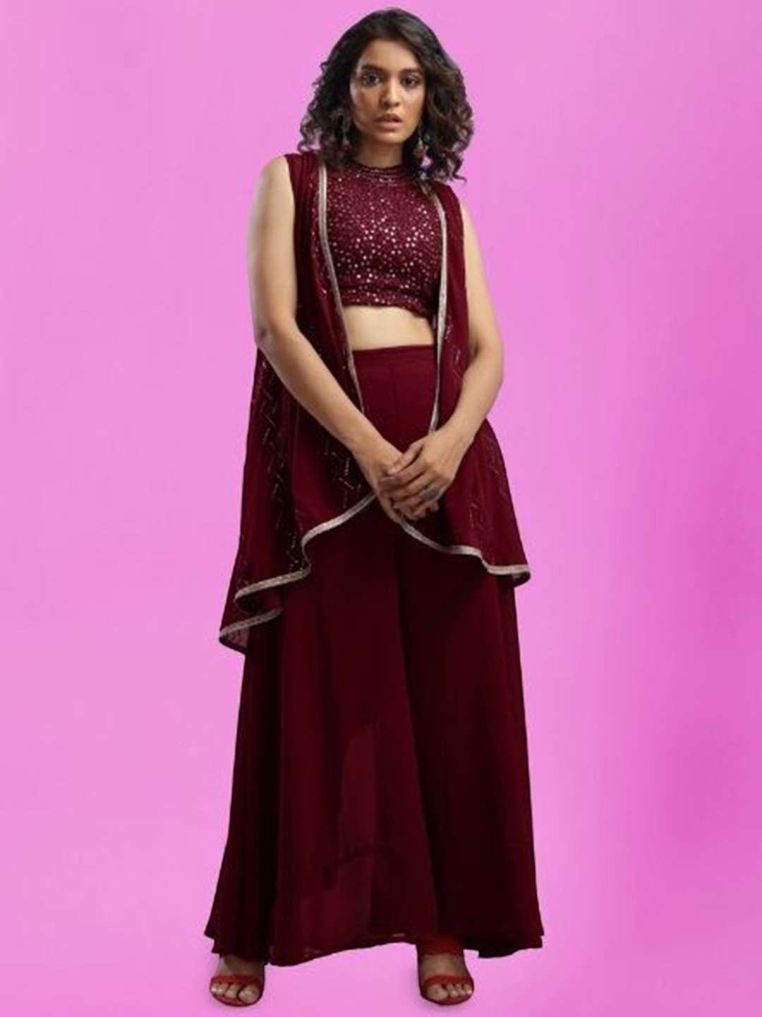 PARROT CREATION Geometric Embroidered Halter Neck Georgette Crop Top With Palazzo & Shrug, Maroon
PARROT CREATION Geometric Embroidered Halter Neck Georgette Crop Top With Palazzo & Shrug, Maroon