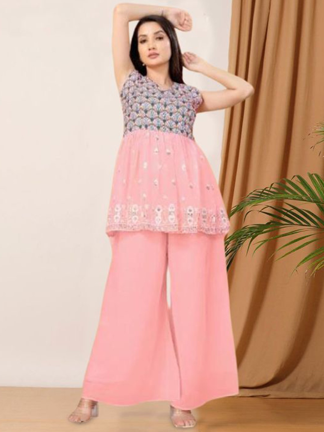 PARROT CREATION Floral Embroidered Georgette V-Neck Kurti With Palazzos & Jacket, Pink
PARROT CREATION Floral Embroidered Georgette V-Neck Kurti With Palazzos & Jacket, Pink
