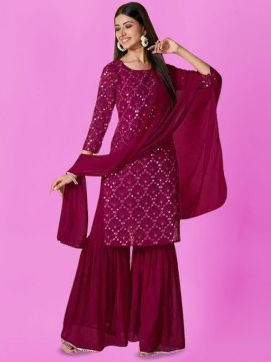 PARROT CREATION Geometric Embroidered Georgette Straight Kurta With Sharara & Dupatta, Pink
PARROT CREATION Geometric Embroidered Georgette Straight Kurta With Sharara & Dupatta, Pink