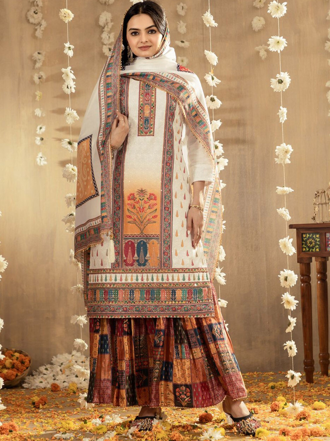 Fashion Ritmo Floral Printed Regular Sequined Work A-line Kurta With Palazzos & Dupatta, Beige
Fashion Ritmo Floral Printed Regular Sequined Work A-line Kurta With Palazzos & Dupatta, Beige