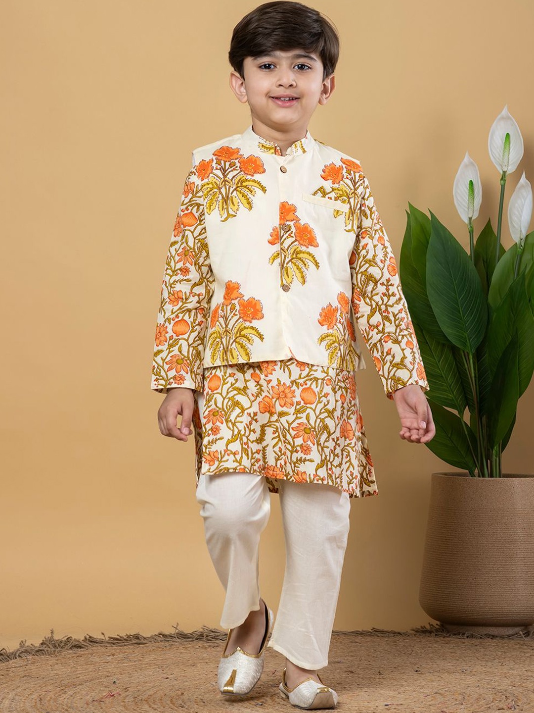 Readiprint Boys Printed Mandarin Collar Pure Cotton Kurta with Trousers & Jacket, Cream
Readiprint Boys Printed Mandarin Collar Pure Cotton Kurta with Trousers & Jacket, Cream