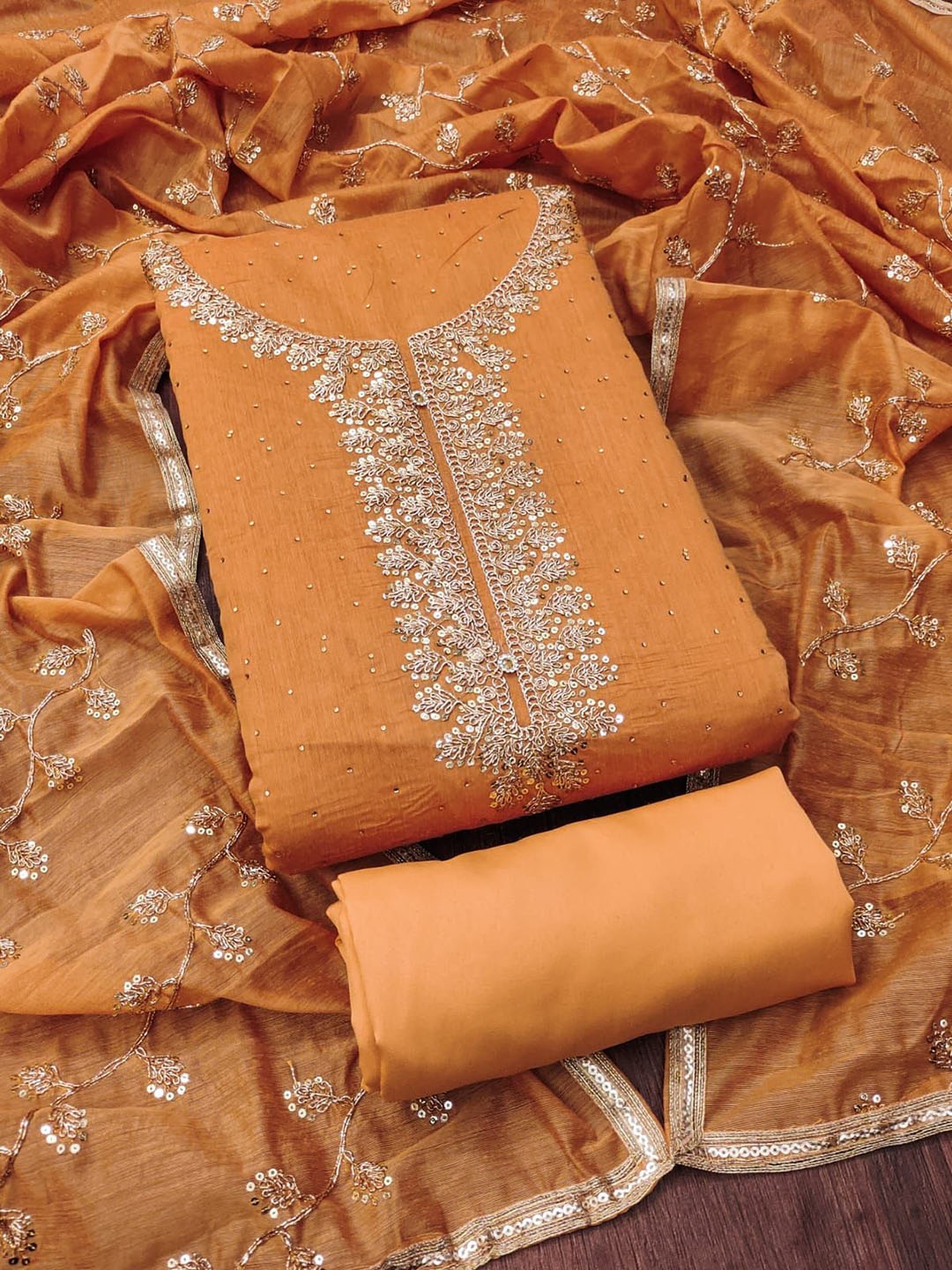 RUDRAA FAB Embroidered Sequinned Chanderi Cotton Unstitched Dress Material, Mustard
RUDRAA FAB Embroidered Sequinned Chanderi Cotton Unstitched Dress Material, Mustard