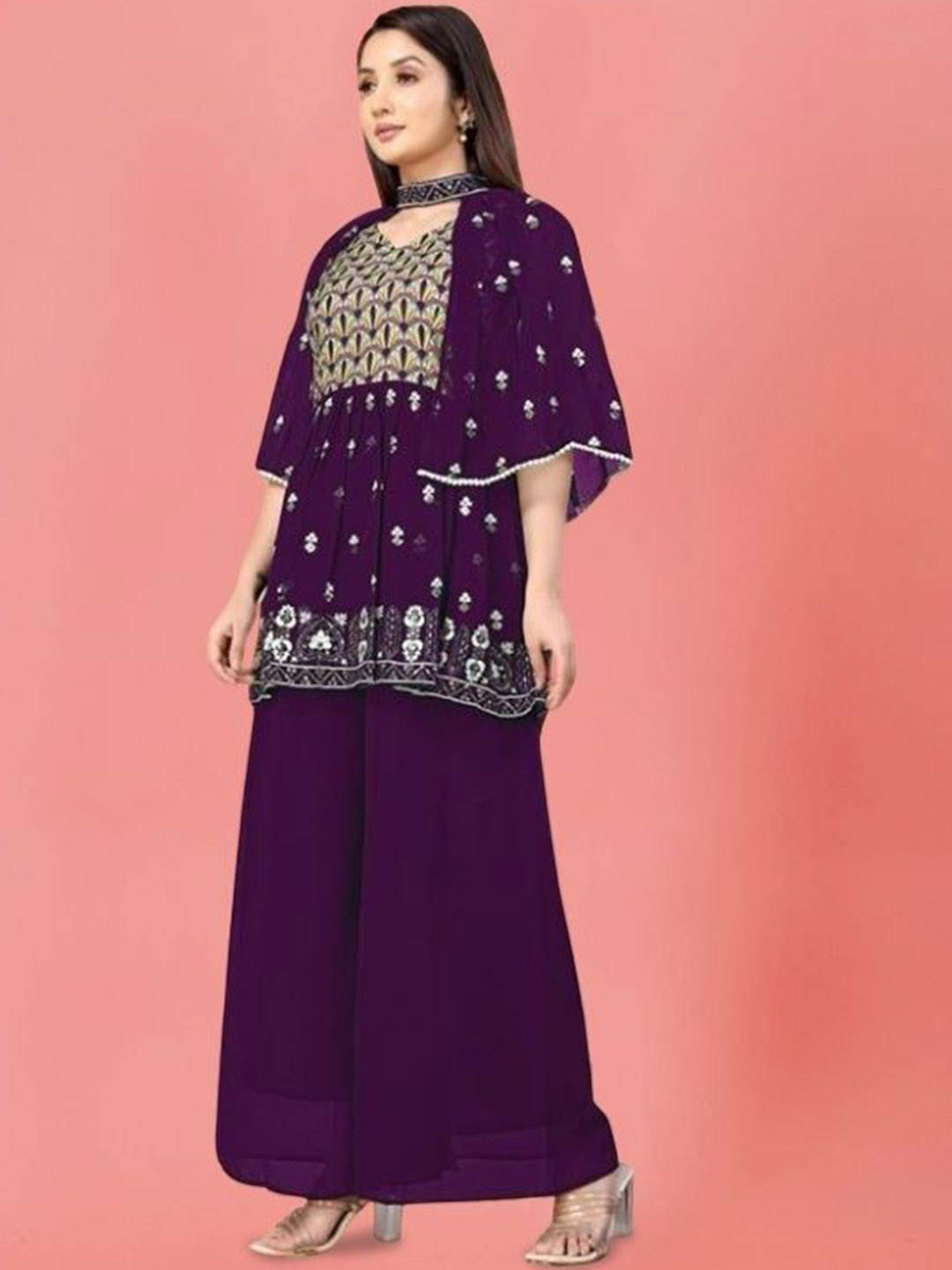 PARROT CREATION Floral Embroidered Georgette V-Neck Kurti With Palazzos & Jacket, Purple
PARROT CREATION Floral Embroidered Georgette V-Neck Kurti With Palazzos & Jacket, Purple