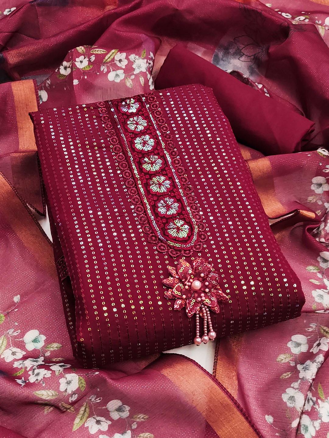 SAINOOR Embroidered Sequinnce Embellished Pure Silk Semi-Stitched Dress Material, Maroon
SAINOOR Embroidered Sequinnce Embellished Pure Silk Semi-Stitched Dress Material, Maroon