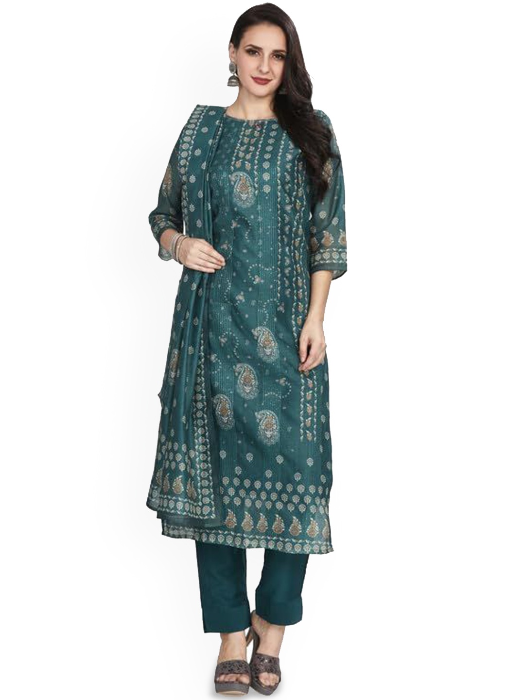 Nioni Paisley Printed Boat Neck Chanderi Silk Straight Kurta With Trousers & Dupatta, Green
Nioni Paisley Printed Boat Neck Chanderi Silk Straight Kurta With Trousers & Dupatta, Green