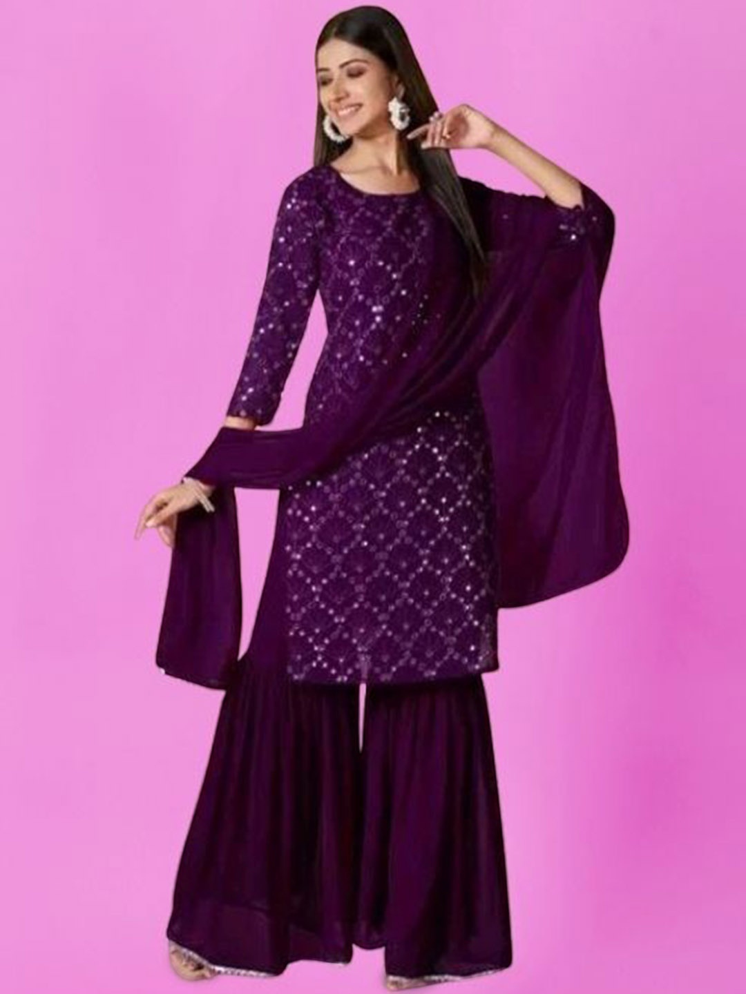 PARROT CREATION Geometric Embroidered Georgette Straight Kurta With Sharara And Dupatta, Purple
PARROT CREATION Geometric Embroidered Georgette Straight Kurta With Sharara And Dupatta, Purple