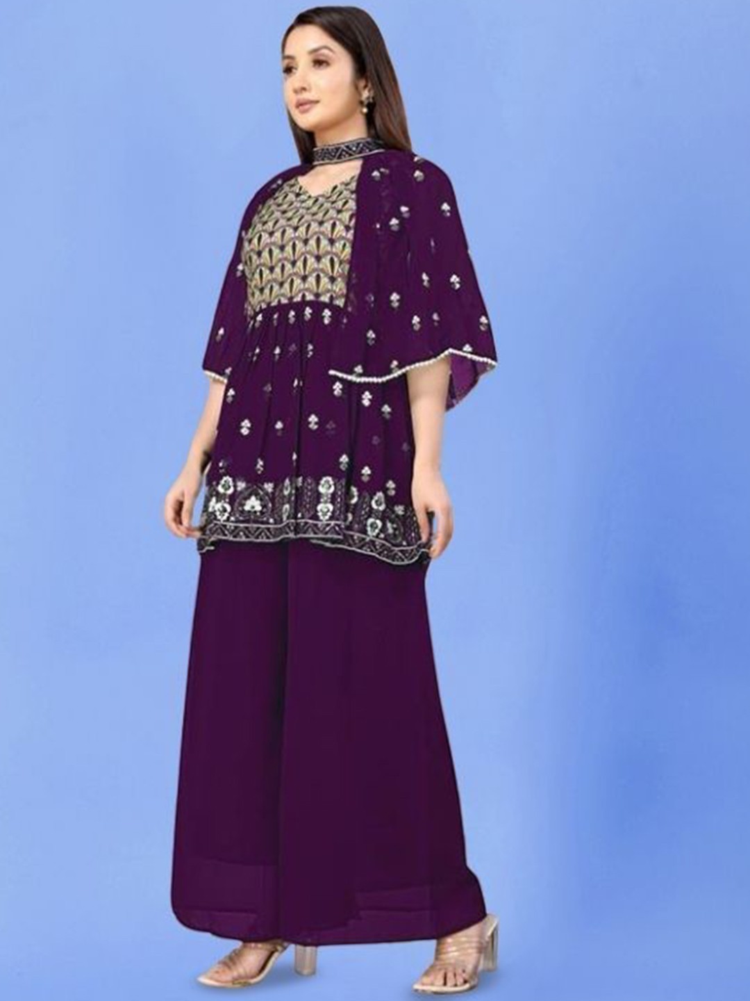 PARROT CREATION Floral Embroidered Georgette V-Neck Kurti With Palazzos & Jacket, Purple
PARROT CREATION Floral Embroidered Georgette V-Neck Kurti With Palazzos & Jacket, Purple