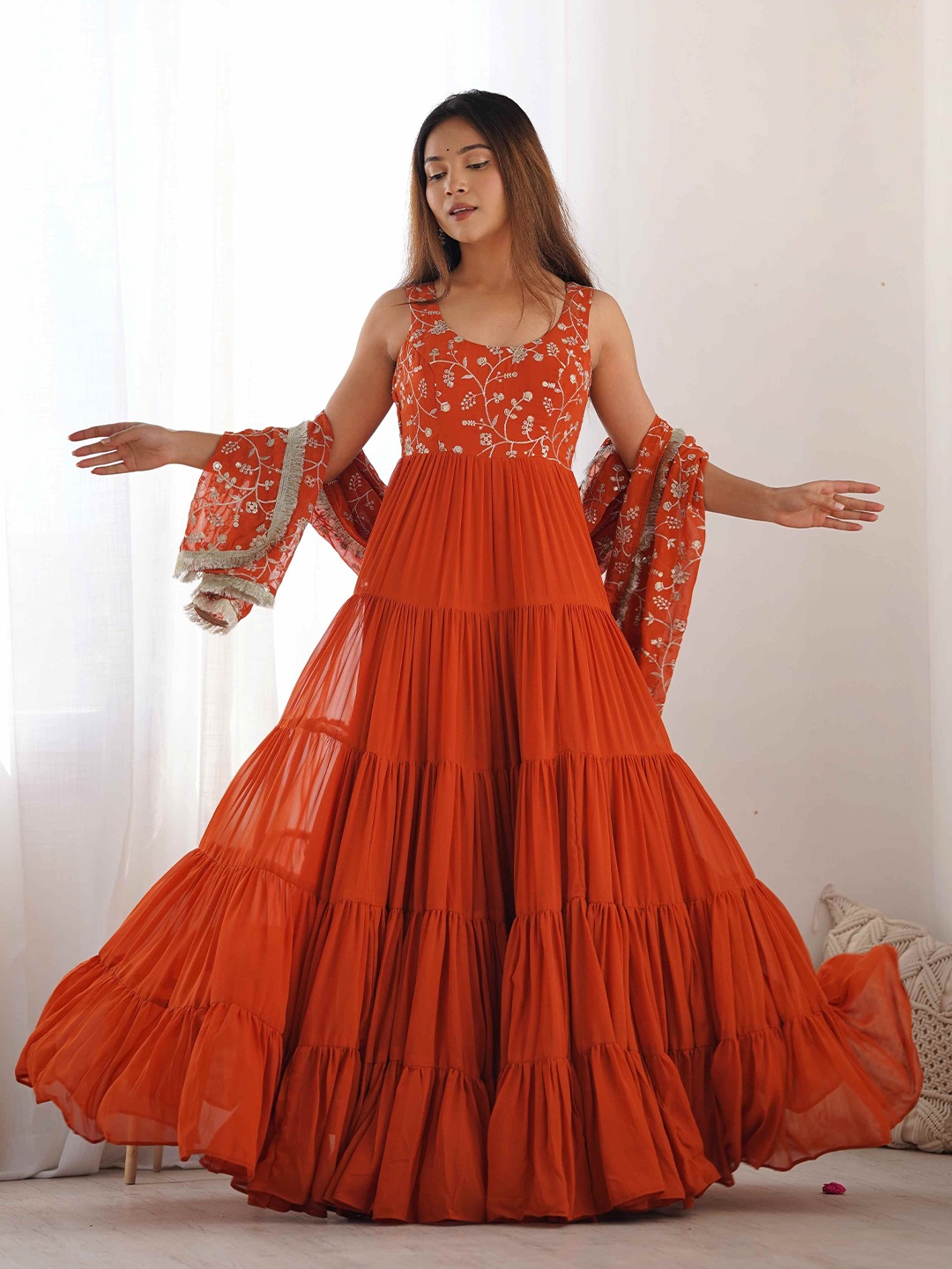 LABELKBBRAND Floral Yoke Design Sequinned Silk Georgette Kurta With Palazzos & Dupatta, Orange
LABELKBBRAND Floral Yoke Design Sequinned Silk Georgette Kurta With Palazzos & Dupatta, Orange
