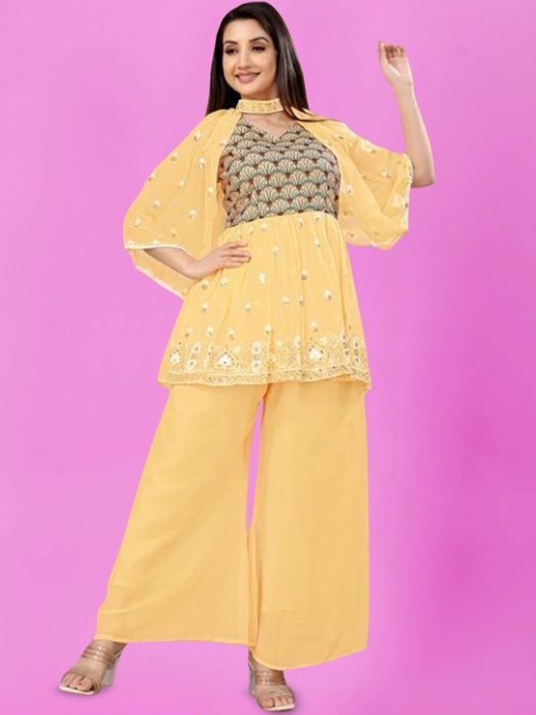 PARROT CREATION Floral Embroidered Pleated Georgette A-Line Kurti with Palazzos & Cape, Yellow
PARROT CREATION Floral Embroidered Pleated Georgette A-Line Kurti with Palazzos & Cape, Yellow