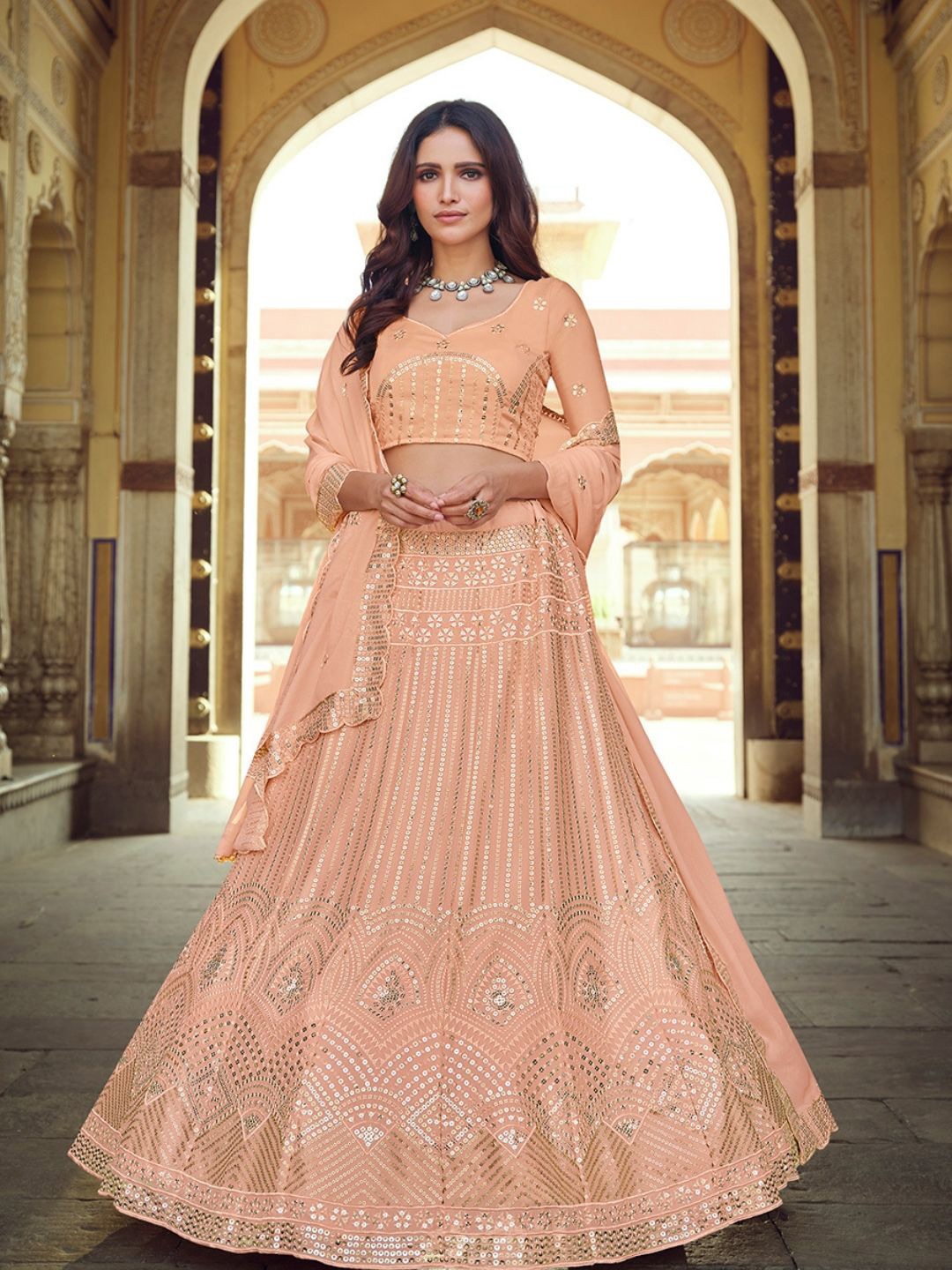 Fusionic Embroidered Sequinned Semi-Stitched Georgette Lehenga & Blouse With Dupatta, Peach
Fusionic Embroidered Sequinned Semi-Stitched Georgette Lehenga & Blouse With Dupatta, Peach