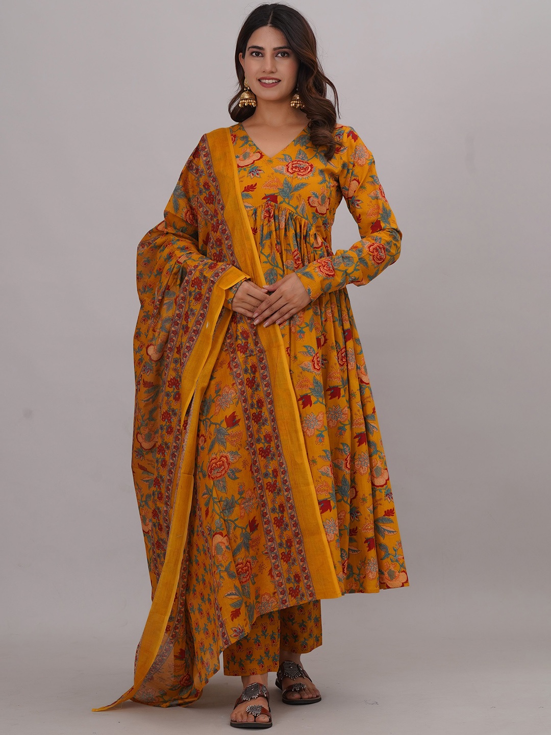 Bahe Kurtiz Floral Printed V-Neck Pure Cotton Anarkali Kurta With Trousers And Dupatta, Mustard
Bahe Kurtiz Floral Printed V-Neck Pure Cotton Anarkali Kurta With Trousers And Dupatta, Mustard