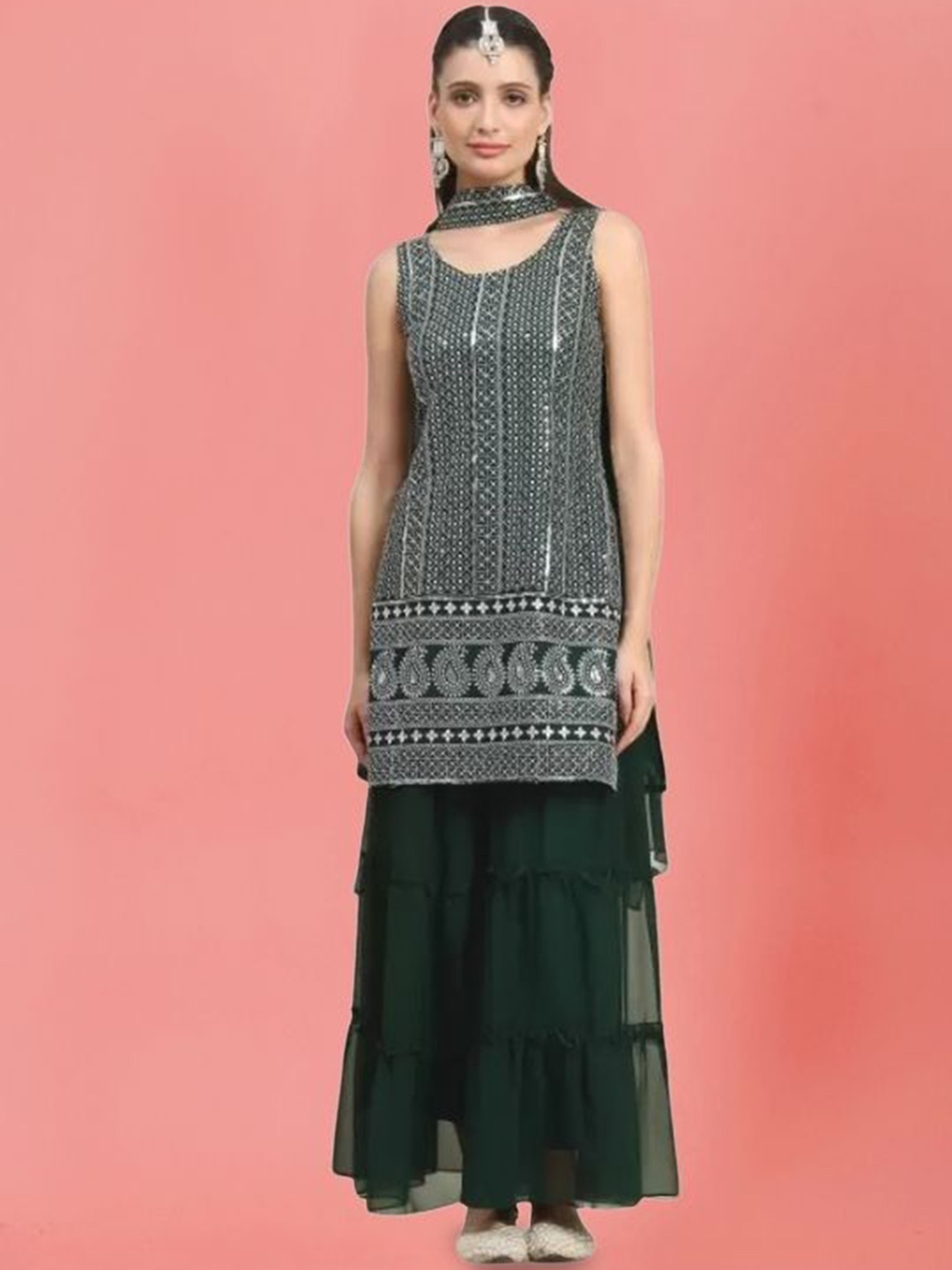 PARROT CREATION Geometric Embroidered Georgette Straight Kurti With Sharara And Dupatta, Green
PARROT CREATION Geometric Embroidered Georgette Straight Kurti With Sharara And Dupatta, Green
