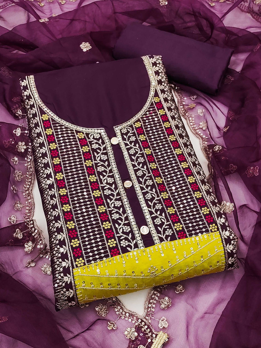 SAINOOR Floral Embroidered Sequinned Cotton Silk Unstitched Dress Material, Purple
SAINOOR Floral Embroidered Sequinned Cotton Silk Unstitched Dress Material, Purple