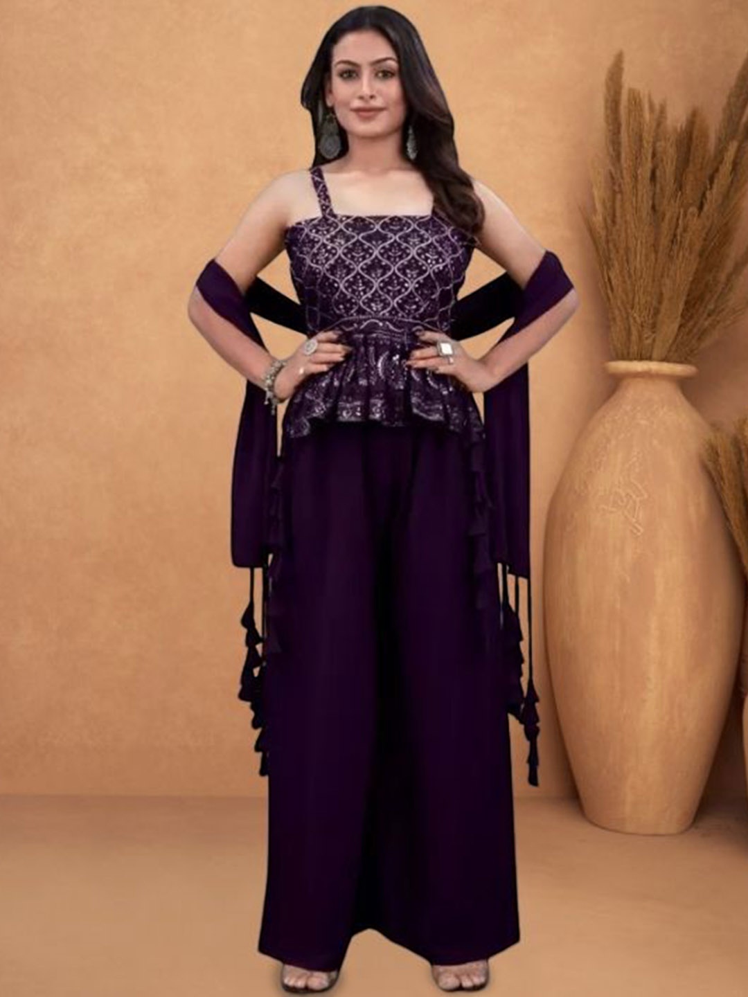 PARROT CREATION Ethnic Motifs Embroidered Georgette A-Line Kurti With Palazzo And Dupatta, Purple
PARROT CREATION Ethnic Motifs Embroidered Georgette A-Line Kurti With Palazzo And Dupatta, Purple