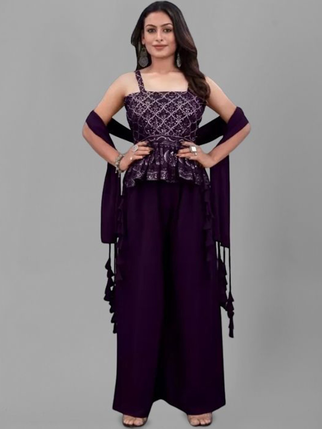 PARROT CREATION Floral Embroidered Georgette Anarkali Kurti With Sharara & Dupatta, Purple
PARROT CREATION Floral Embroidered Georgette Anarkali Kurti With Sharara & Dupatta, Purple
