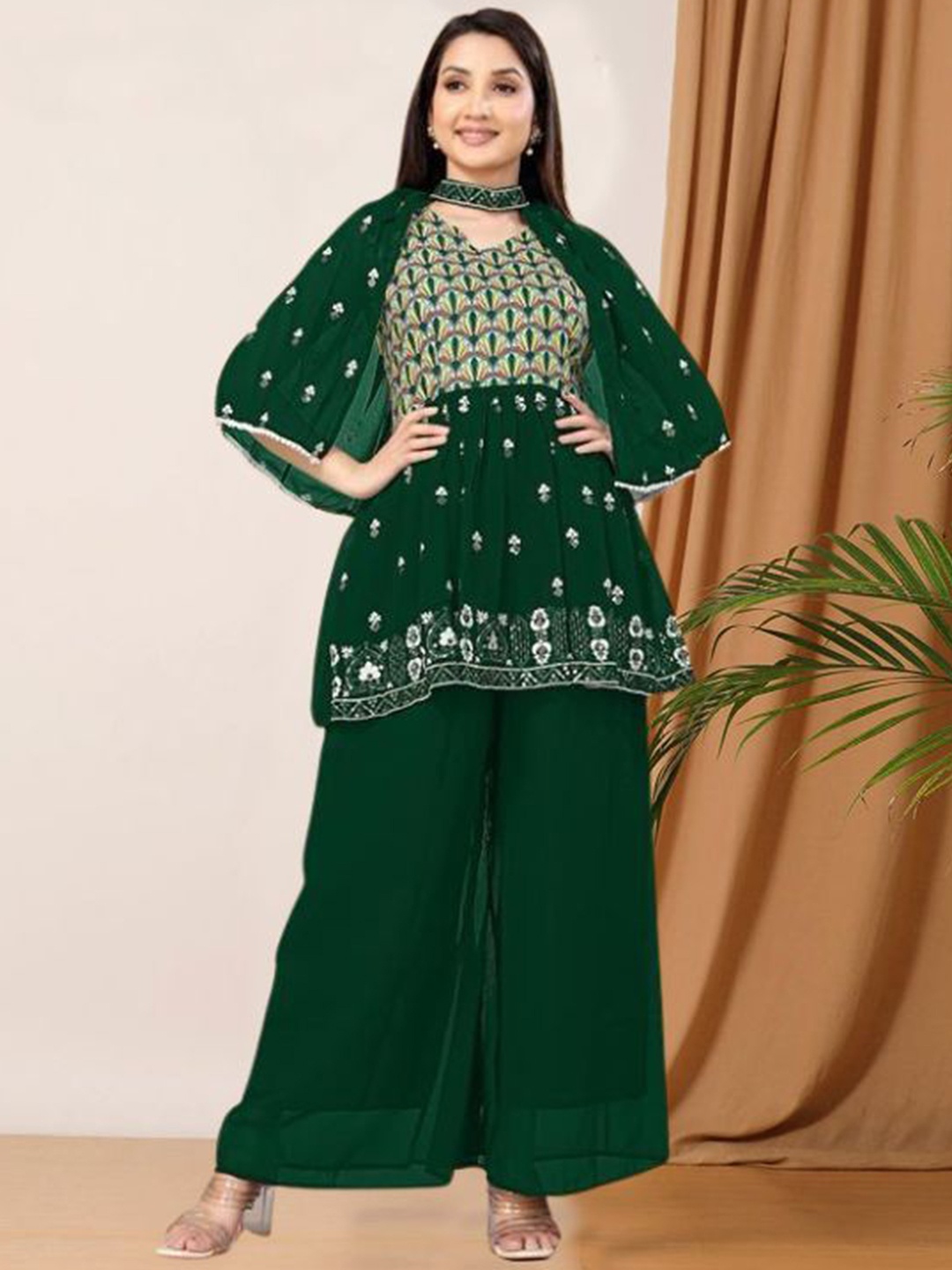 PARROT CREATION Floral Embroidered V-Neck Sequinned A-Line Kurti With Palazzo And Cape, Green
PARROT CREATION Floral Embroidered V-Neck Sequinned A-Line Kurti With Palazzo And Cape, Green
