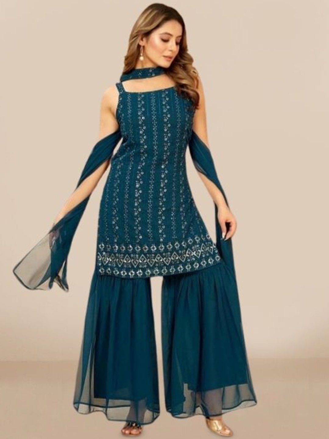 PARROT CREATION Embroidered Straight Sequinned Kurti With Palazzos And Dupatta, Turquoise blue
PARROT CREATION Embroidered Straight Sequinned Kurti With Palazzos And Dupatta, Turquoise blue