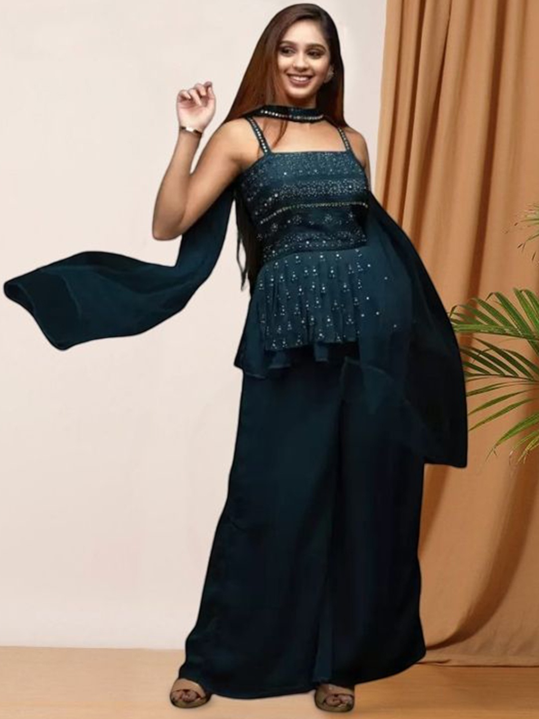 PARROT CREATION Geometric Embroidered Sequinned Straight Kurti With Sharara And Dupatta, Turquoise blue
PARROT CREATION Geometric Embroidered Sequinned Straight Kurti With Sharara And Dupatta, Turquoise blue