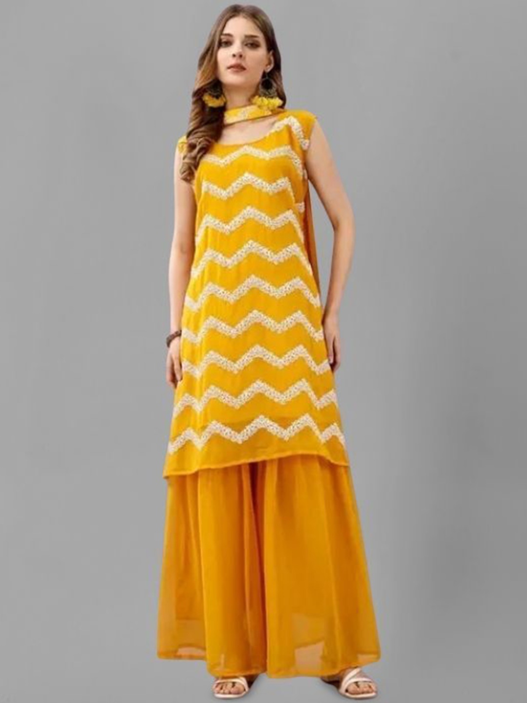 PARROT CREATION Floral Embroidered Sequinned Georgette Kurta With Sharara And Dupatta, Yellow
PARROT CREATION Floral Embroidered Sequinned Georgette Kurta With Sharara And Dupatta, Yellow