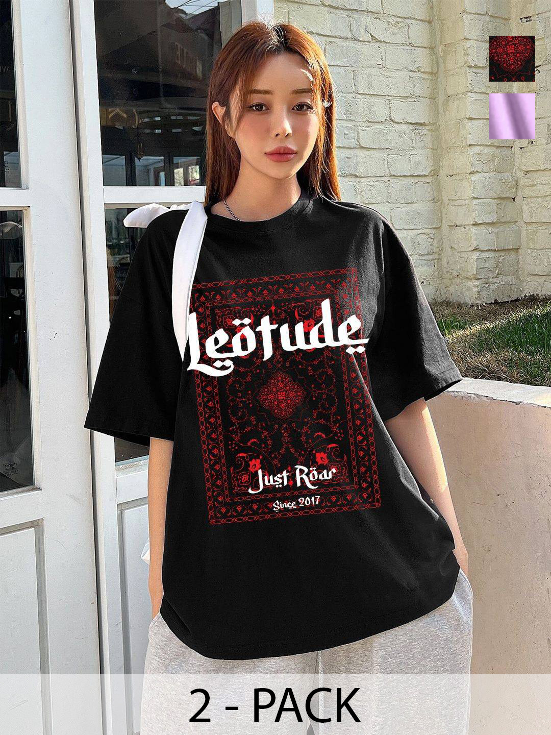 Leotude Women Pack Of 2 Graphic Printed Round Neck Cotton Oversized T-shirts, Black
Leotude Women Pack Of 2 Graphic Printed Round Neck Cotton Oversized T-shirts, Black