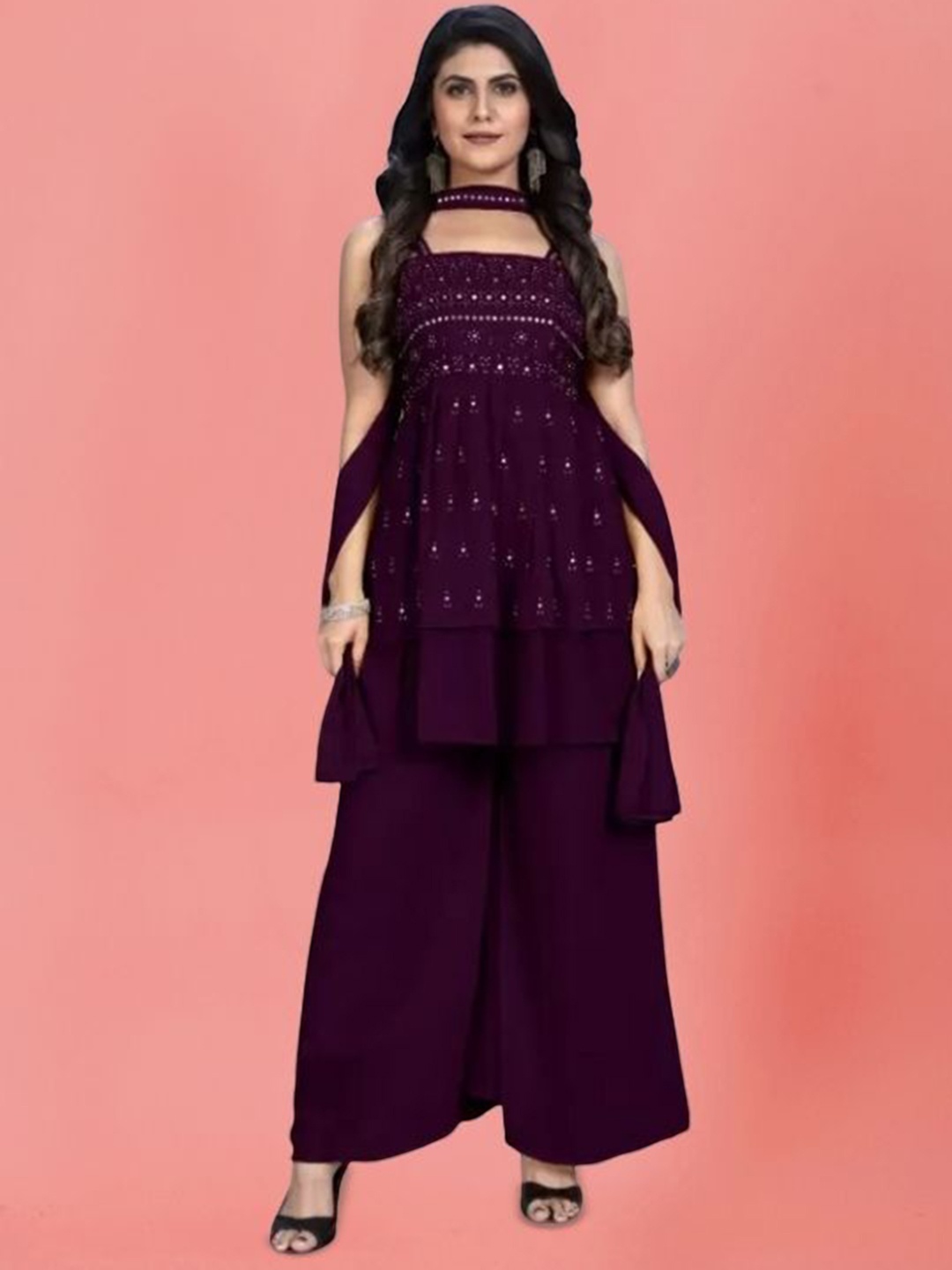 PARROT CREATION Embroidered Straight Sequinned Kurti With Palazzos And Dupatta, Purple
PARROT CREATION Embroidered Straight Sequinned Kurti With Palazzos And Dupatta, Purple