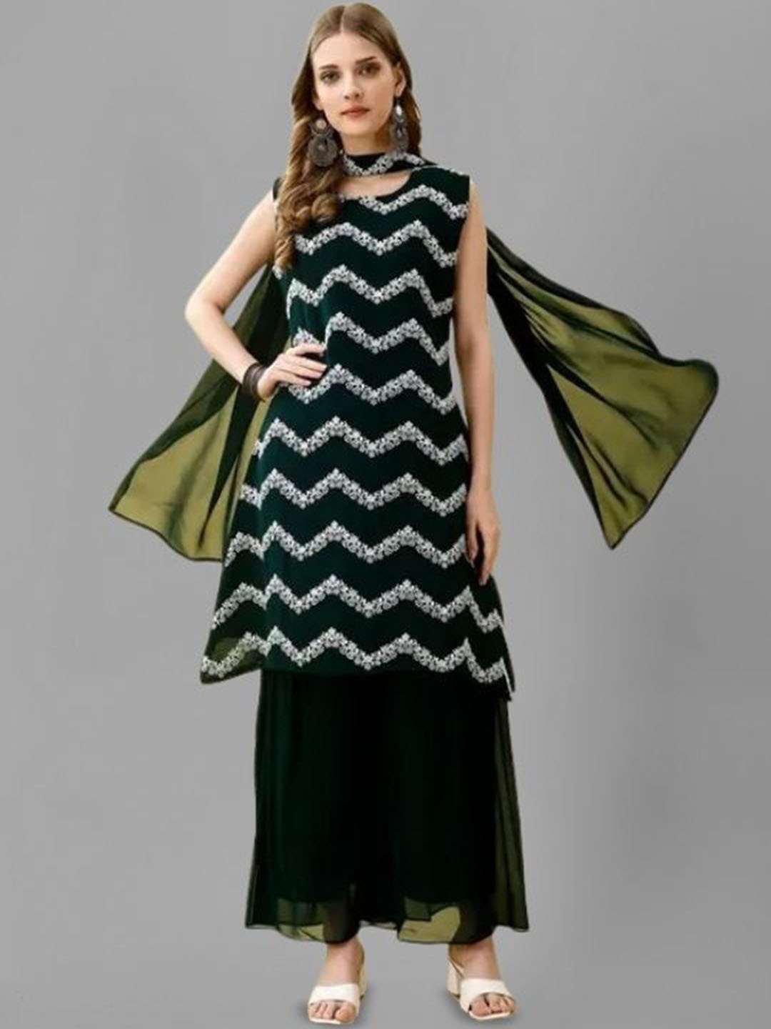 PARROT CREATION Floral Embroidered Sequinned Georgette Kurti With Sharara And Dupatta, Green
PARROT CREATION Floral Embroidered Sequinned Georgette Kurti With Sharara And Dupatta, Green