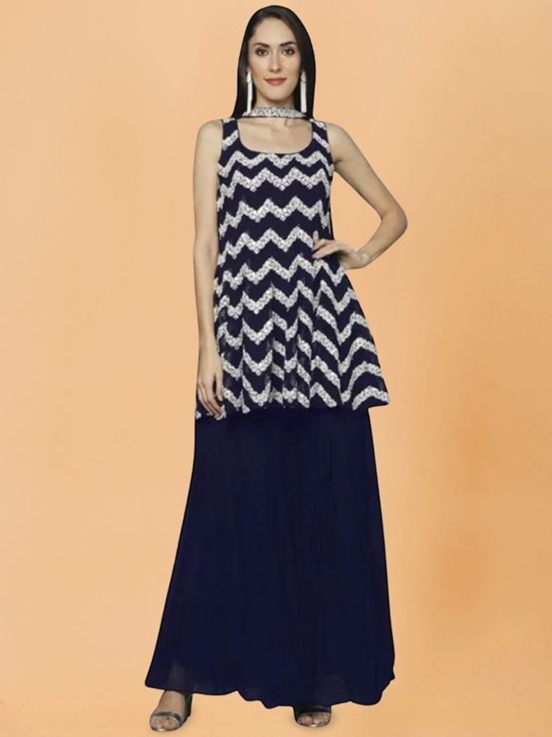 PARROT CREATION Embroidered Straight Sequinned Kurti With Sharara And Dupatta, Navy blue
PARROT CREATION Embroidered Straight Sequinned Kurti With Sharara And Dupatta, Navy blue