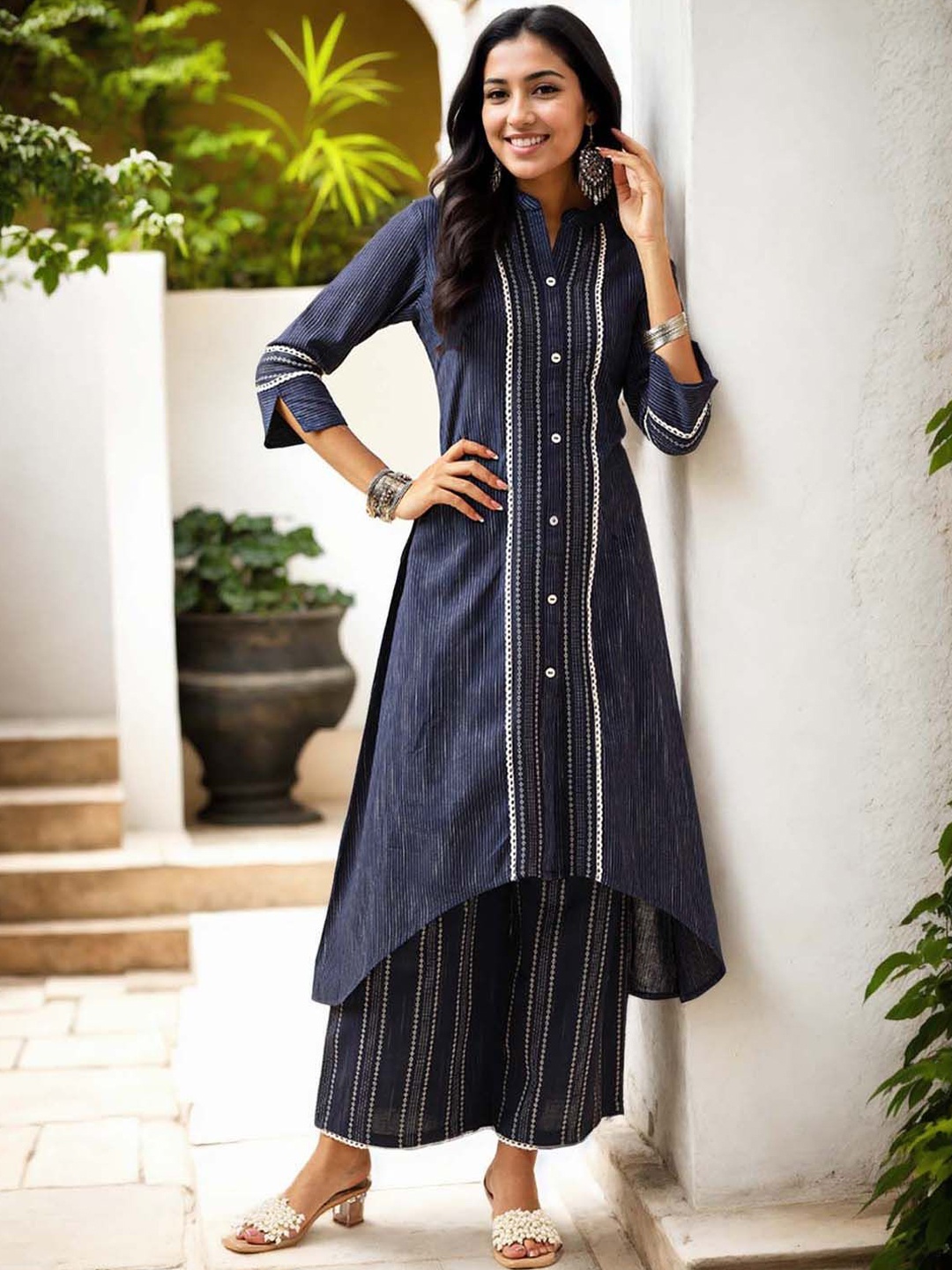 Anouk Geometric Printed Pure Cotton Mandarin Collar A-Line Kurta With Palazzos, Navy blue
Anouk Geometric Printed Pure Cotton Mandarin Collar A-Line Kurta With Palazzos, Navy blue
