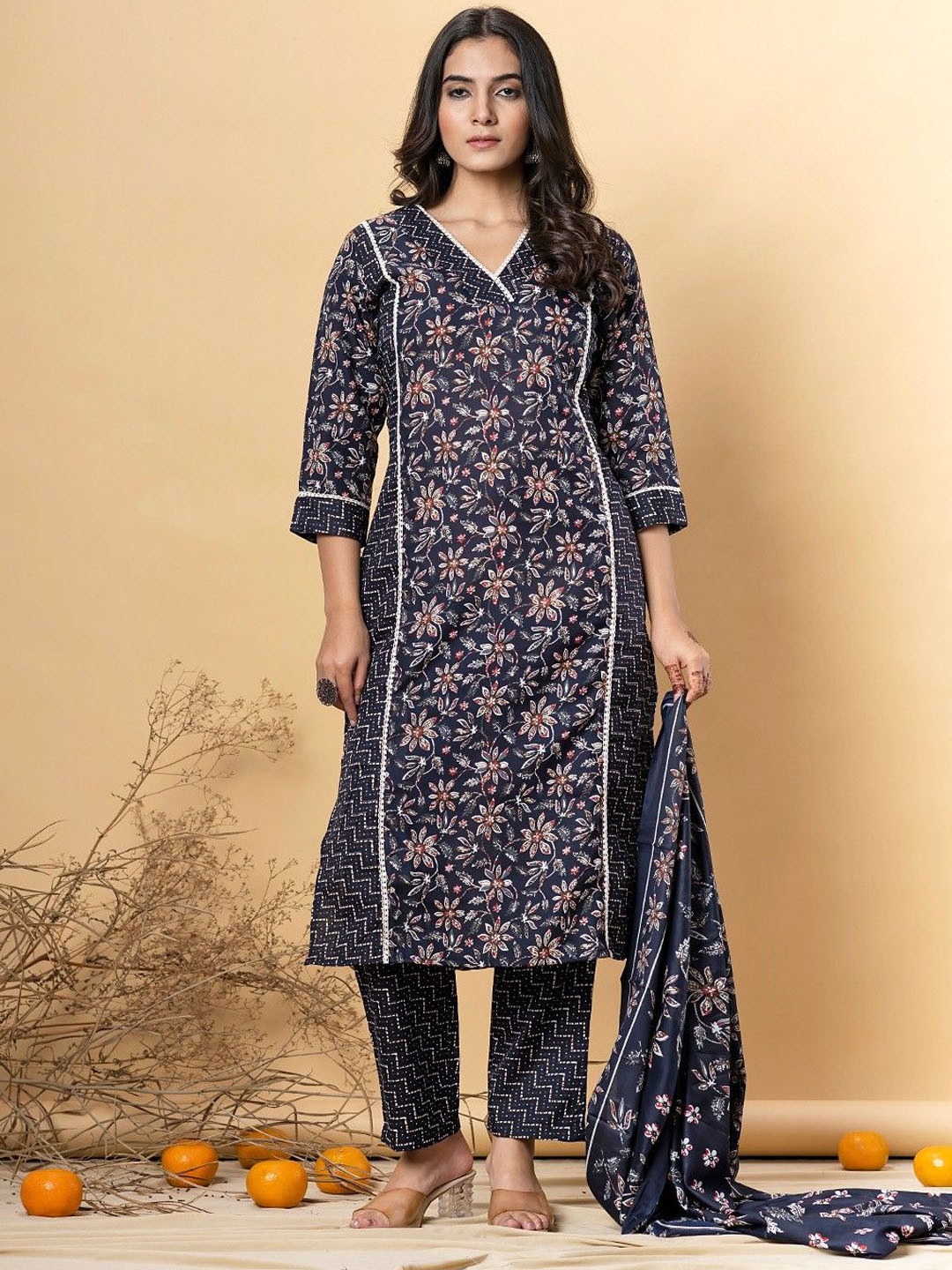 Readiprint Floral Printed V-Neck Pure Cotton Kurta With Trousers And Dupatta, Navy blue
Readiprint Floral Printed V-Neck Pure Cotton Kurta With Trousers And Dupatta, Navy blue