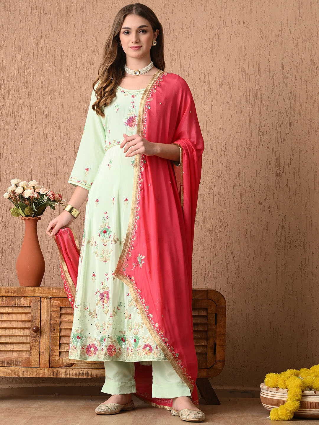 ZARIKALI Floral Embroidered Round Neck Anarkali Kurta With Trousers & Dupatta, Green
ZARIKALI Floral Embroidered Round Neck Anarkali Kurta With Trousers & Dupatta, Green