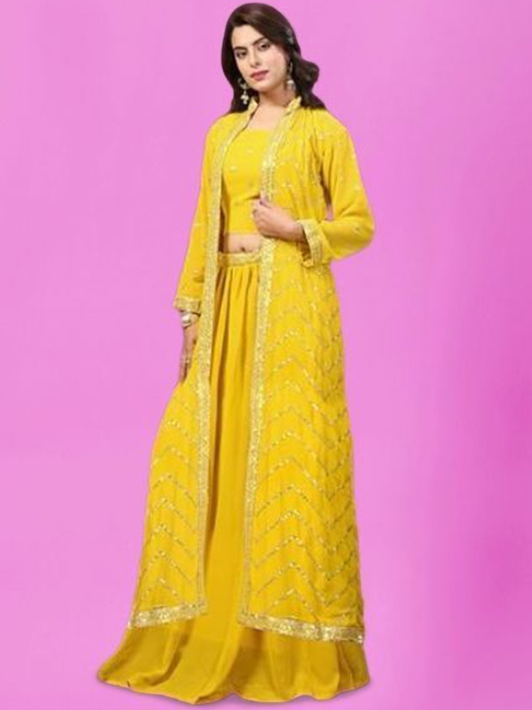 PARROT CREATION Geometric Embroidered Georgette Crop Top With Skirt & Shrug, Yellow
PARROT CREATION Geometric Embroidered Georgette Crop Top With Skirt & Shrug, Yellow