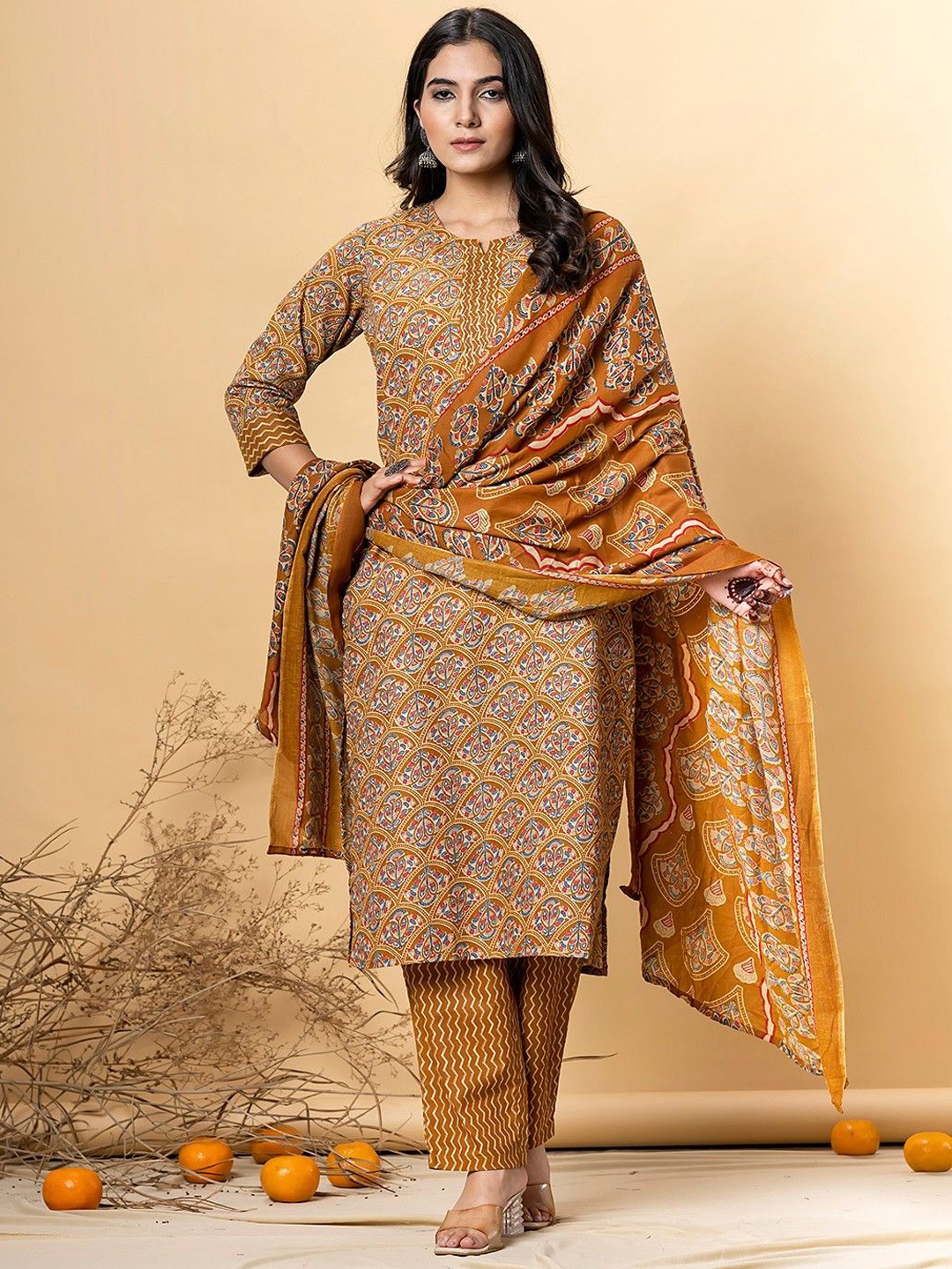 Readiprint Chevron Embroidered Notch Neck Straight Kurta With Trousers & Dupatta, Mustard
Readiprint Chevron Embroidered Notch Neck Straight Kurta With Trousers & Dupatta, Mustard