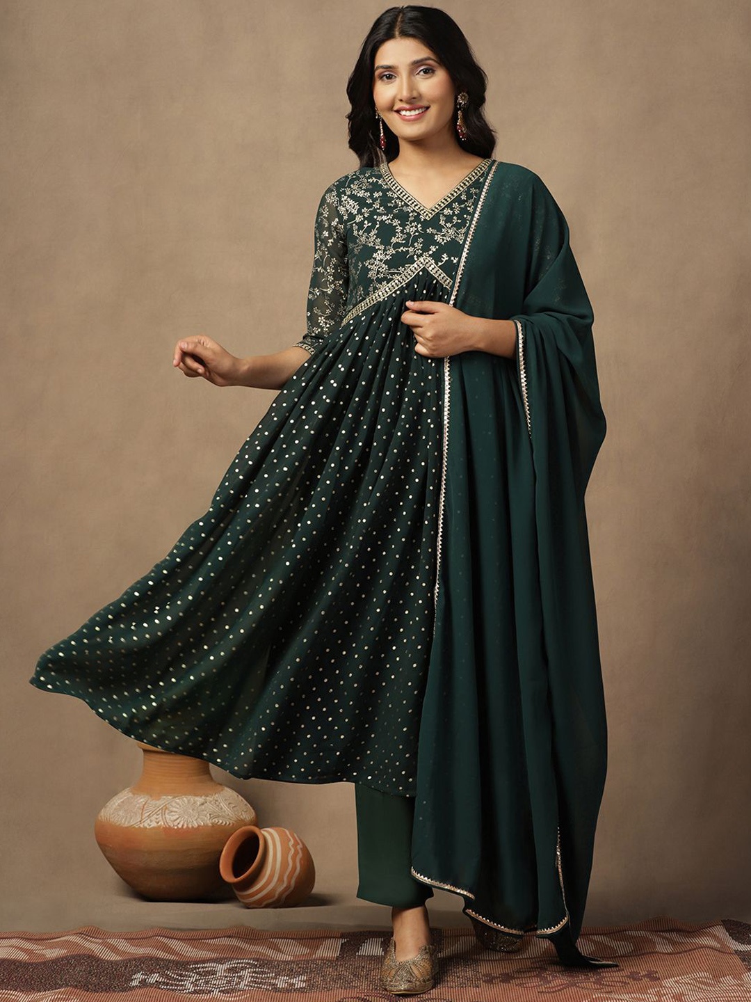 Sangria Floral Printed V Neck Georgette Empire Anarkali Kurta With Trouser & Dupatta, Green
Sangria Floral Printed V Neck Georgette Empire Anarkali Kurta With Trouser & Dupatta, Green