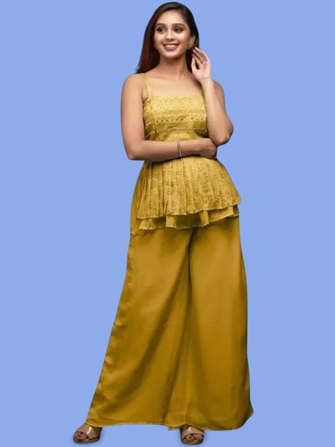 PARROT CREATION Embroidered A-Line Sequinned Kurti With Sharara And Dupatta, Yellow
PARROT CREATION Embroidered A-Line Sequinned Kurti With Sharara And Dupatta, Yellow