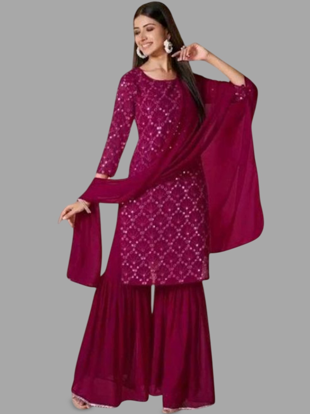 PARROT CREATION Geometric Embroidered Georgette Straight Kurta With Sharara & Dupatta, Pink
PARROT CREATION Geometric Embroidered Georgette Straight Kurta With Sharara & Dupatta, Pink