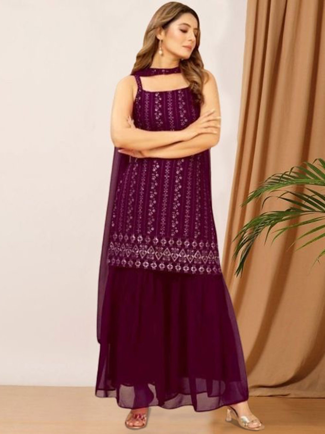 PARROT CREATION Embroidered Straight Sequinned Kurti With Sharara And Dupatta, Purple
PARROT CREATION Embroidered Straight Sequinned Kurti With Sharara And Dupatta, Purple