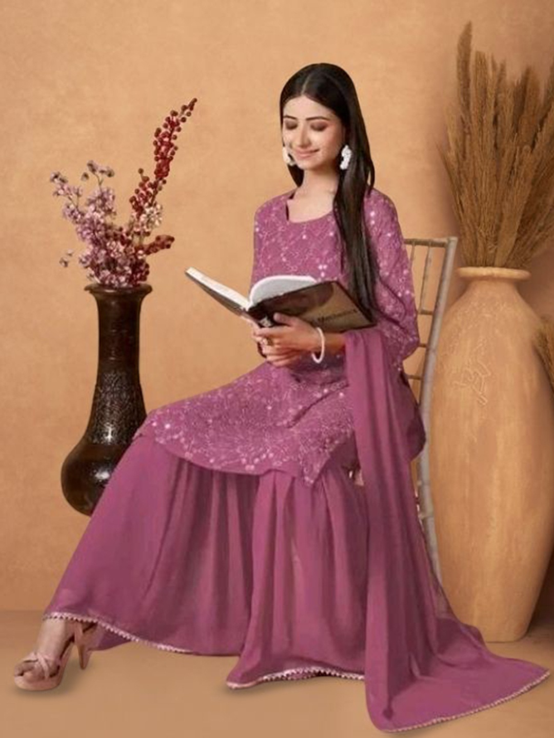 PARROT CREATION Geometric Embroidered Georgette Straight Kurta With Sharara & Dupatta, Lavender
PARROT CREATION Geometric Embroidered Georgette Straight Kurta With Sharara & Dupatta, Lavender