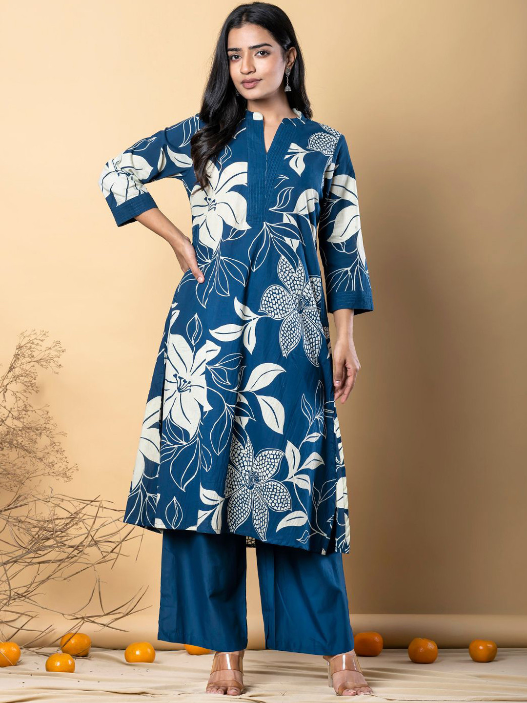 Readiprint Floral Printed Mandarin Collar Cotton A-Line Kurta With Palazzos, Teal
Readiprint Floral Printed Mandarin Collar Cotton A-Line Kurta With Palazzos, Teal