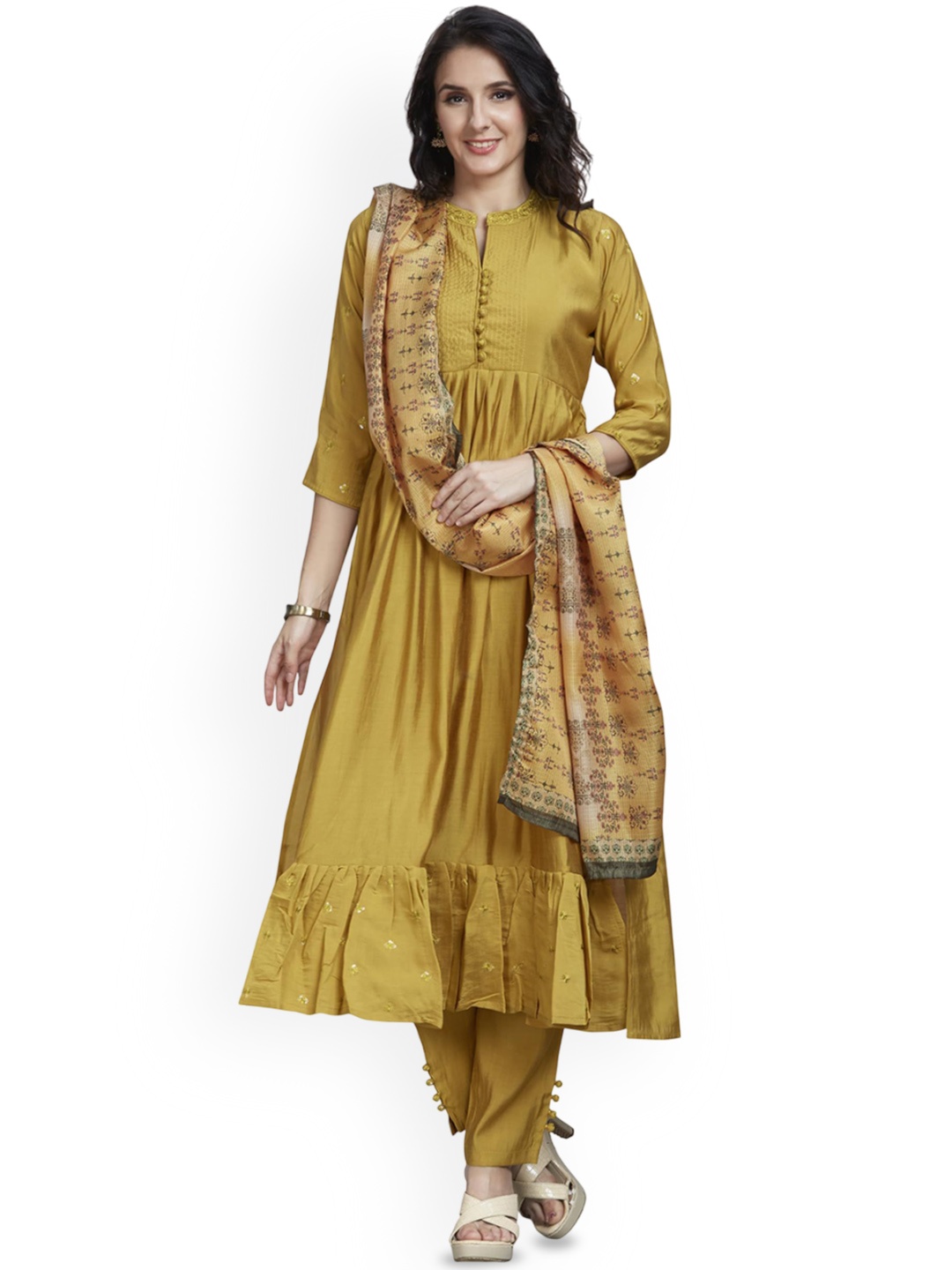Nioni Embroidered Mandarin Collar Chanderi Cotton A-Line Kurta With Trousers & Dupatta, Yellow
Nioni Embroidered Mandarin Collar Chanderi Cotton A-Line Kurta With Trousers & Dupatta, Yellow