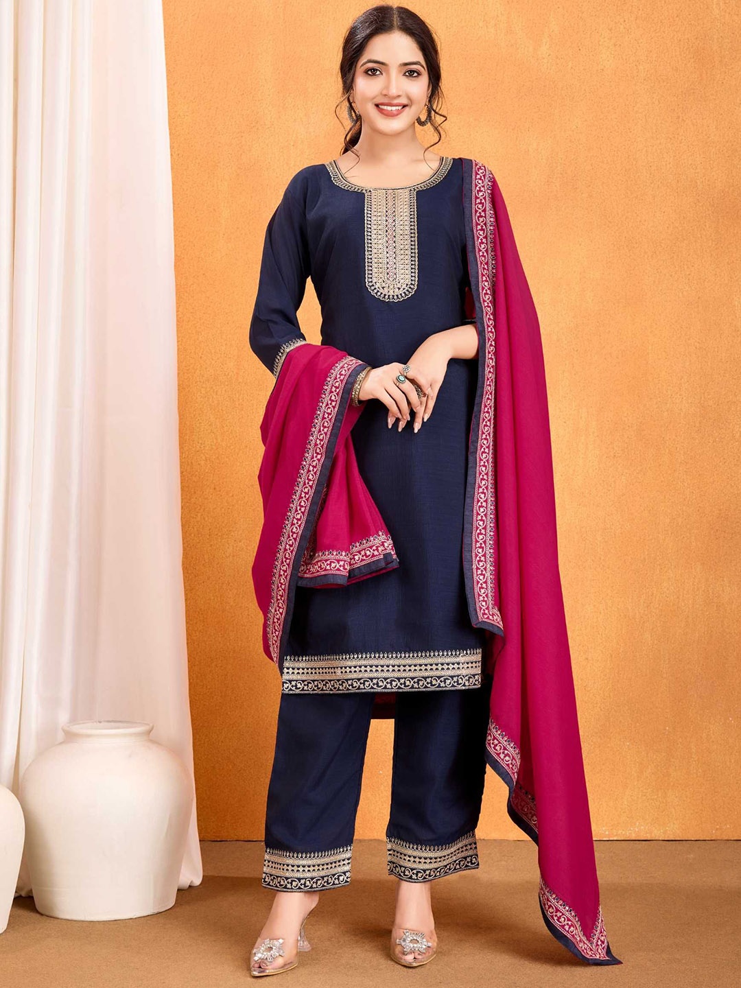 LeeliPeeri Designer Embroidered Round Neck Straight Kurta With Trousers And Dupatta, Navy blue
LeeliPeeri Designer Embroidered Round Neck Straight Kurta With Trousers And Dupatta, Navy blue