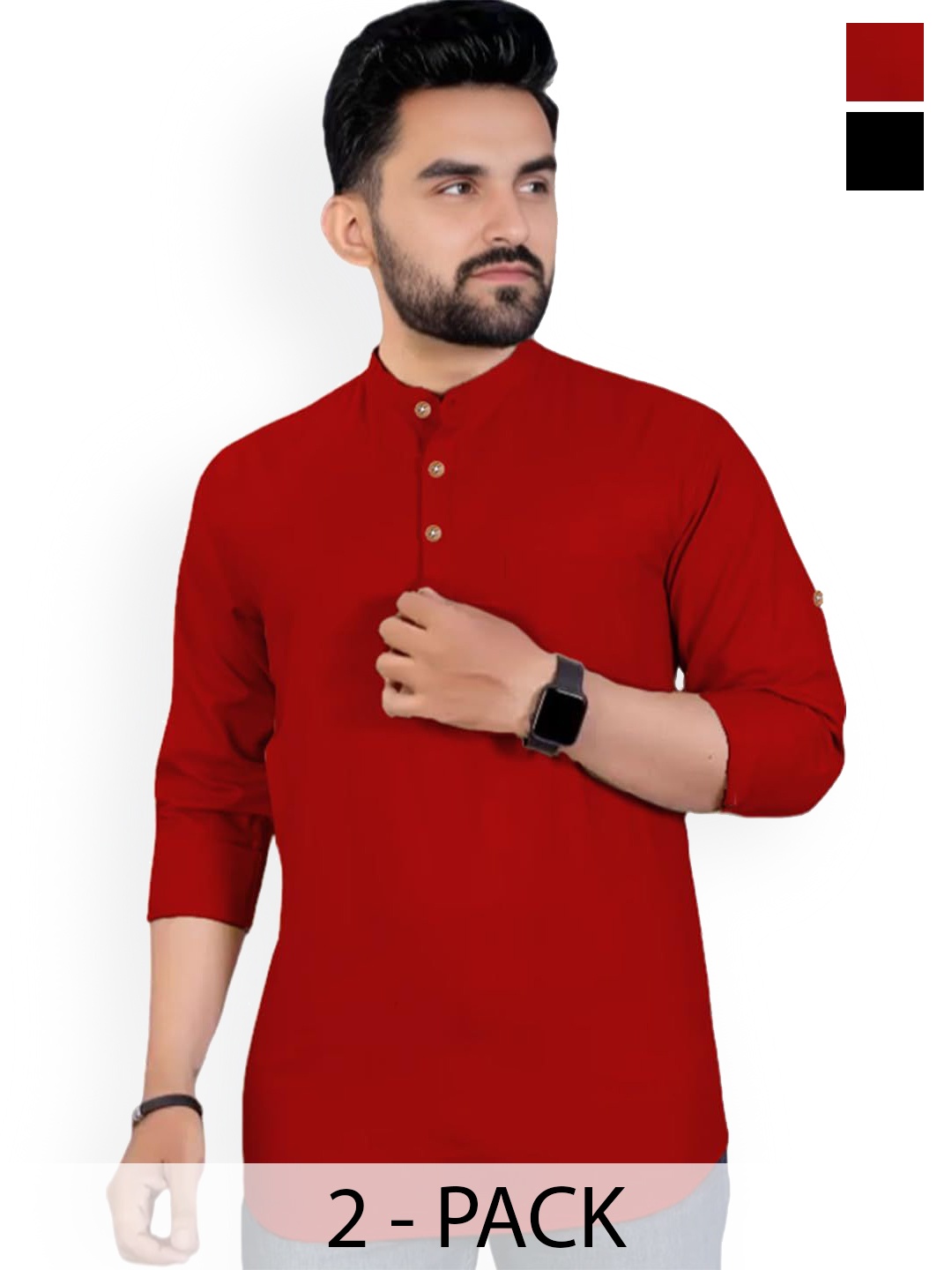 Vida Loca Selection Of 2 Band Collar Pure Cotton Slim Fit Straight Short Kurtas, Red
Vida Loca Selection Of 2 Band Collar Pure Cotton Slim Fit Straight Short Kurtas, Red