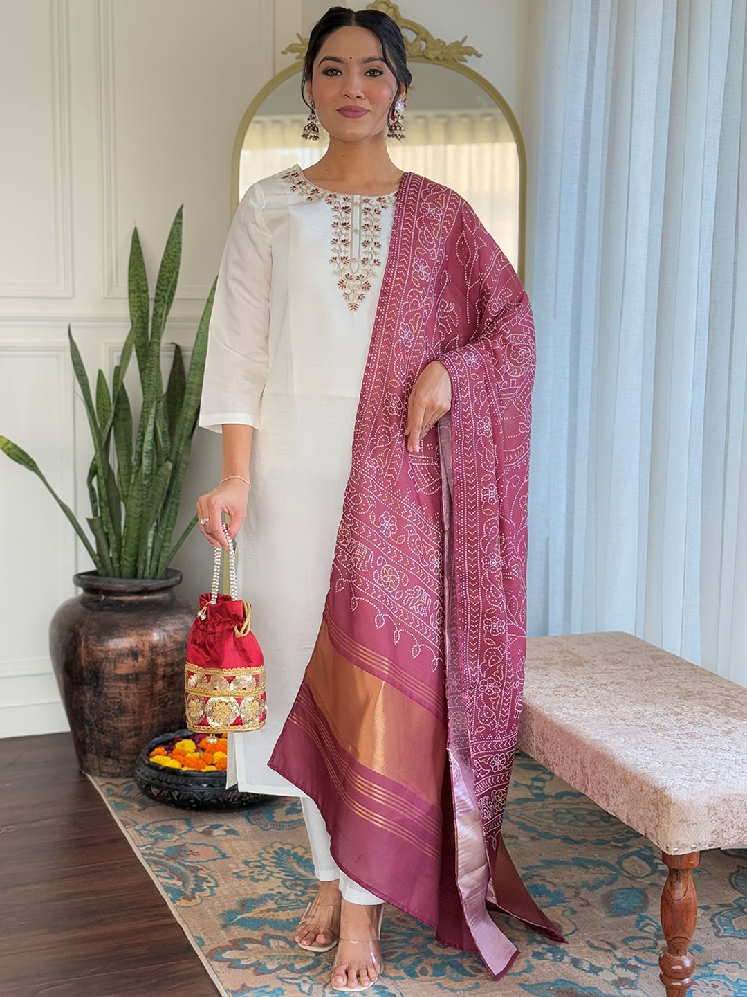 KALINI Women Embroidered Sequinned Raw Silk Straight Kurta With Trousers & Dupatta, Off white
KALINI Women Embroidered Sequinned Raw Silk Straight Kurta With Trousers & Dupatta, Off white